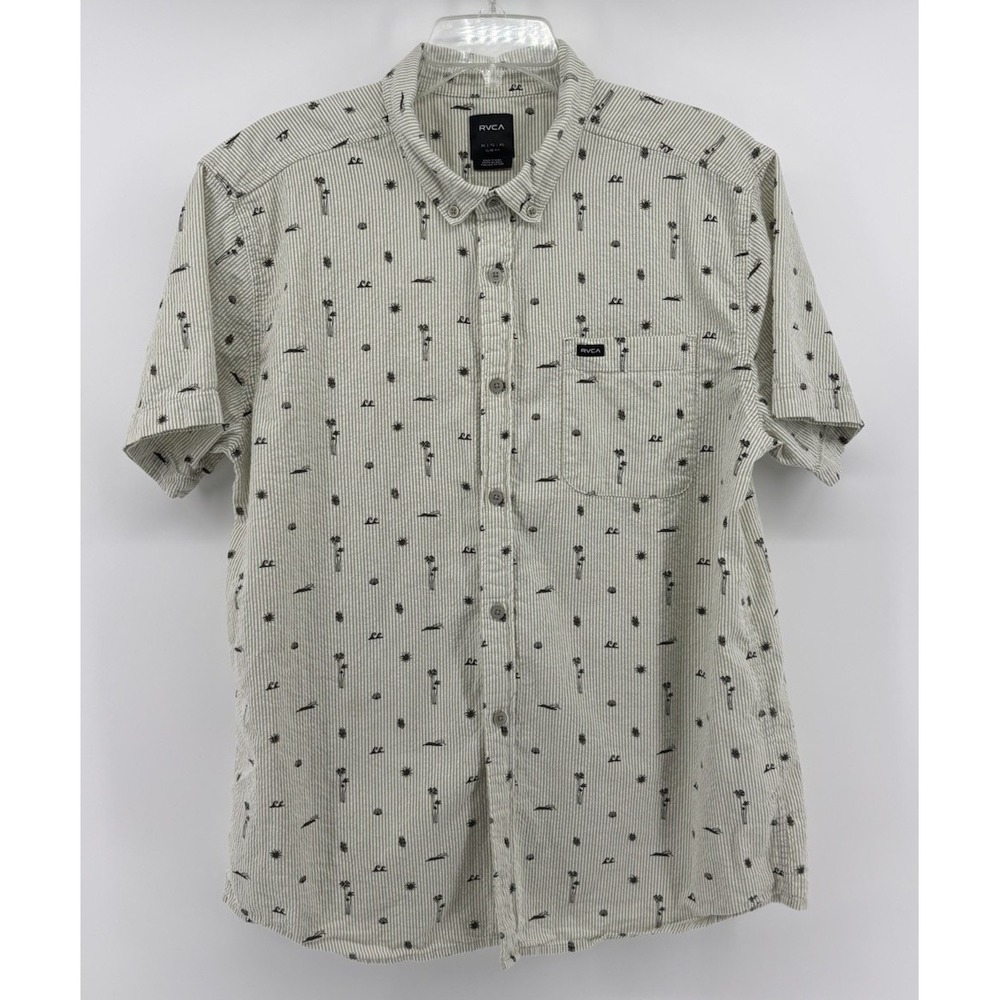 RVCA Slim Fit Seersucker Short Sleeve Camp Shirt Mens XL, Light Gray Stripes